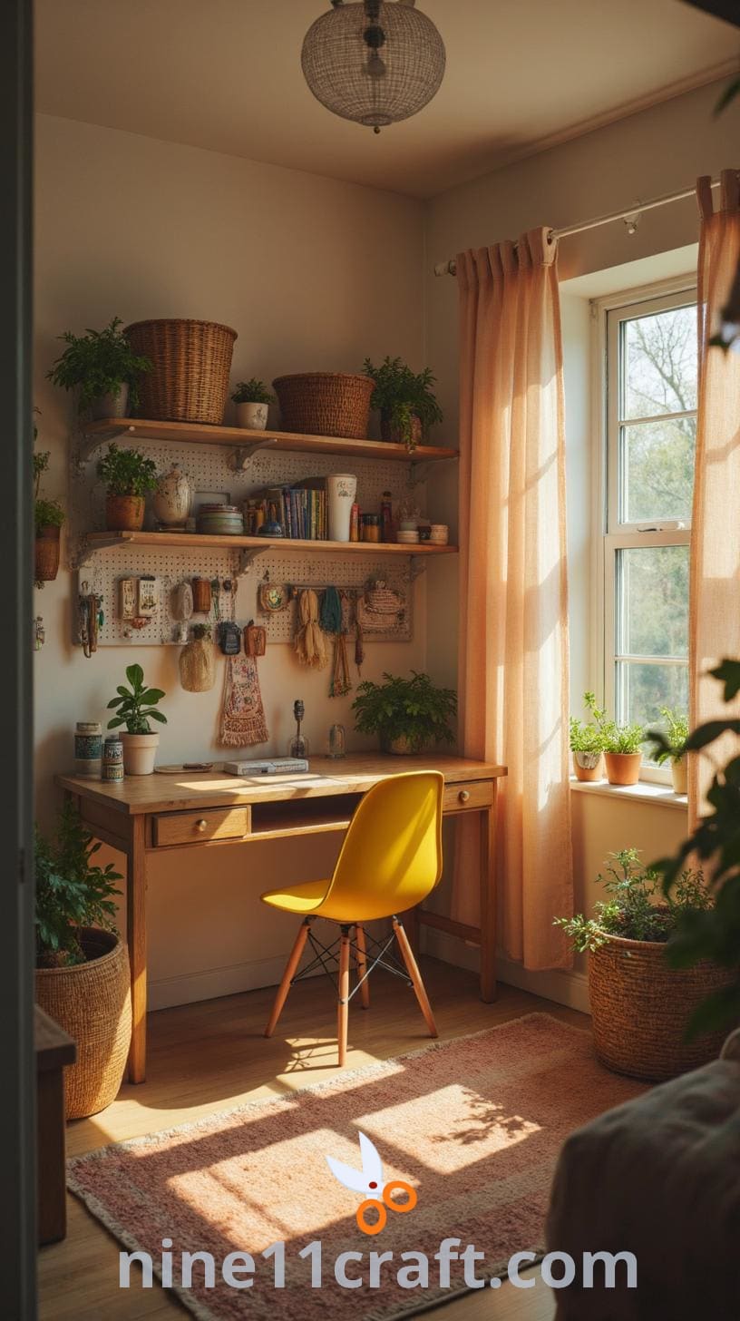 A pastel-colored craft workspace filled with organized supplies, natural light from a window, a tidy desk, and a colorful chair, creating an inviting atmosphere for creativity.