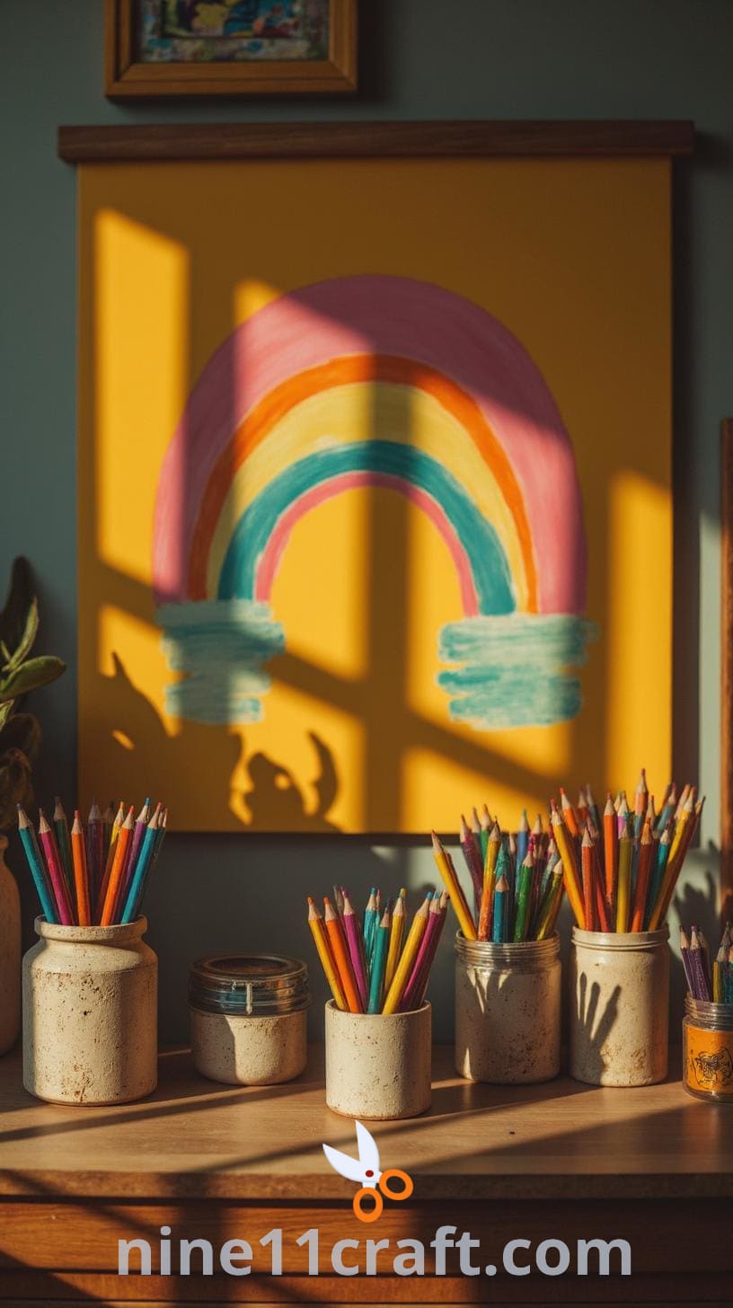 A well-organized art and craft station featuring colorful pens, markers, and craft supplies in vibrant containers, a wooden board with tools, jars for small items, and a decorative rainbow.