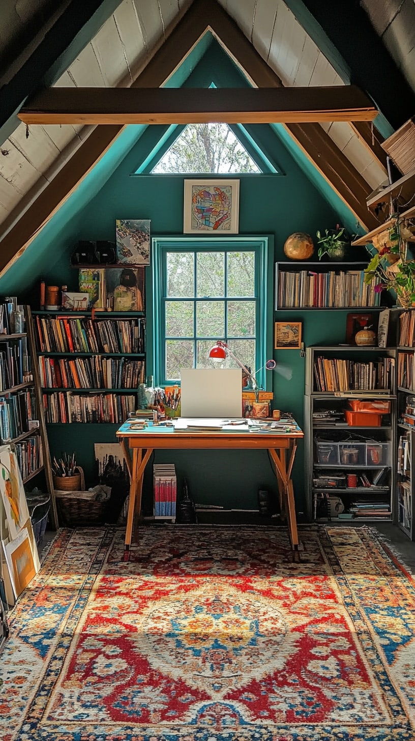 A cozy attic art studio with teal walls, bookshelves, a wooden desk, and a colorful Persian rug, filled with art supplies and bathed in natural light.