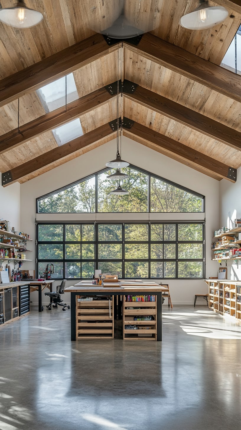 A bright art studio featuring high ceilings, large windows, and a modern farmhouse design with rustic wooden beams and an island work table.