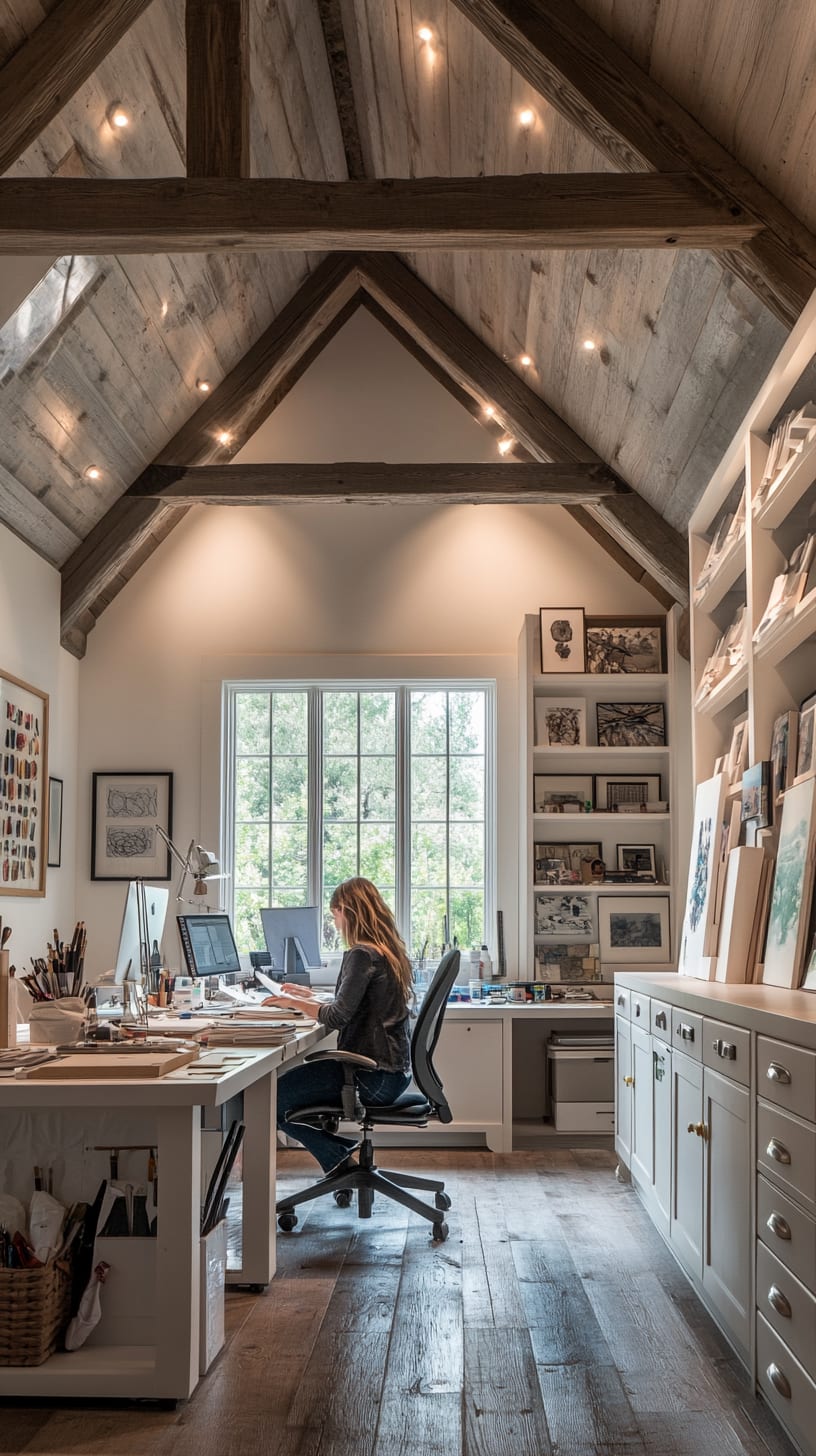 A woman working at a desk in a cozy home office located in an old New England barn, featuring wood beams, large windows, and an array of art supplies.