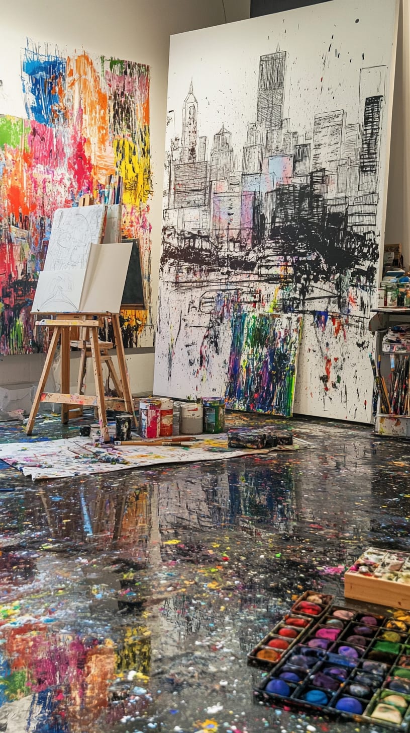 An artistic studio featuring large canvas paintings of cityscapes, colorful paint splashes on the floor, and scattered brushes and palettes, evoking a lively creative atmosphere.