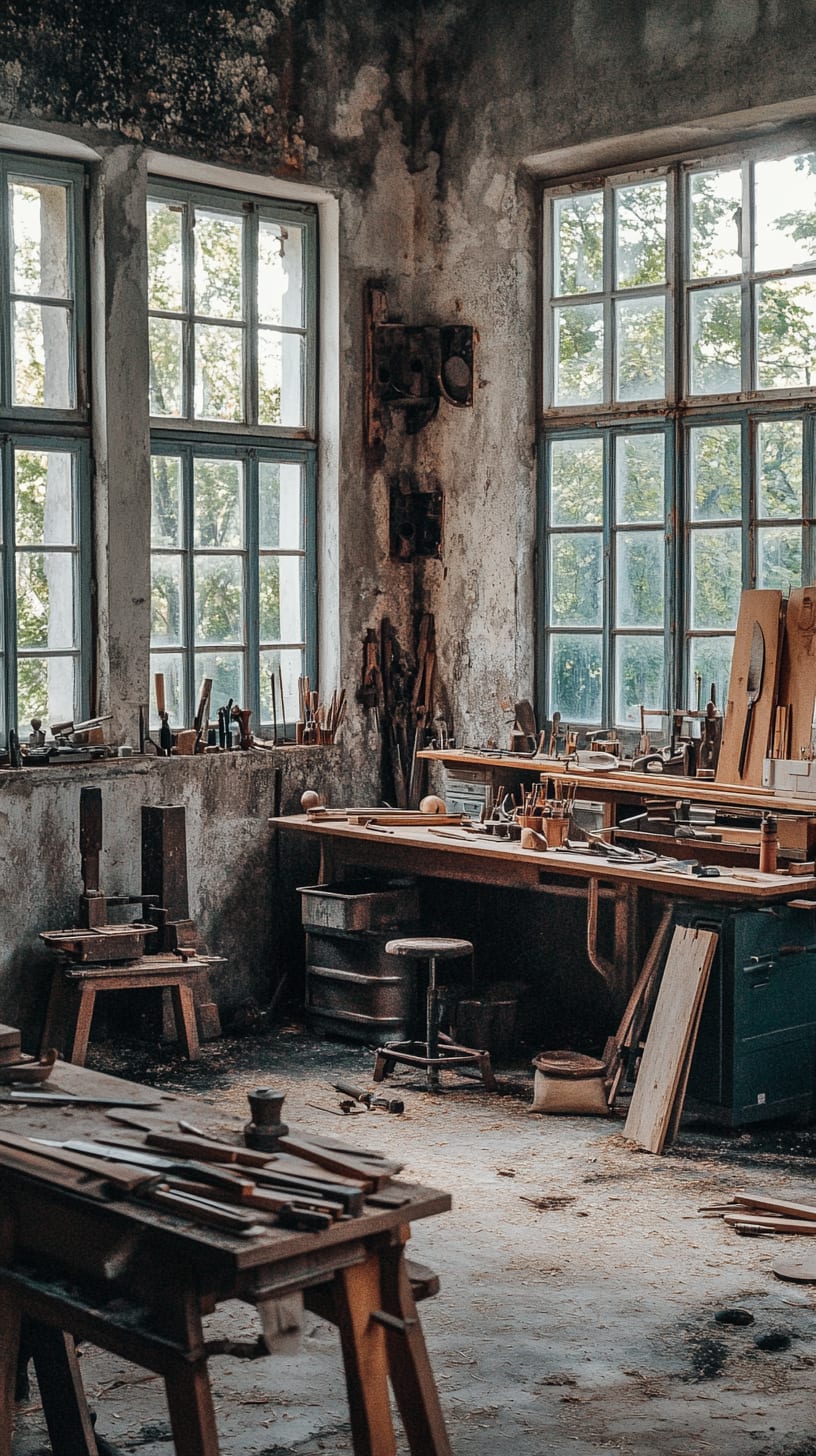 An inviting old wooden workshop filled with sunlight, various wood-working tools, and scattered materials, emphasizing a cozy atmosphere of craftsmanship and creativity.