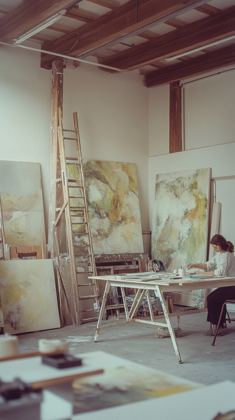 An artist working in a bright, spacious art studio filled with abstract paintings, wooden ladders, and natural light.
