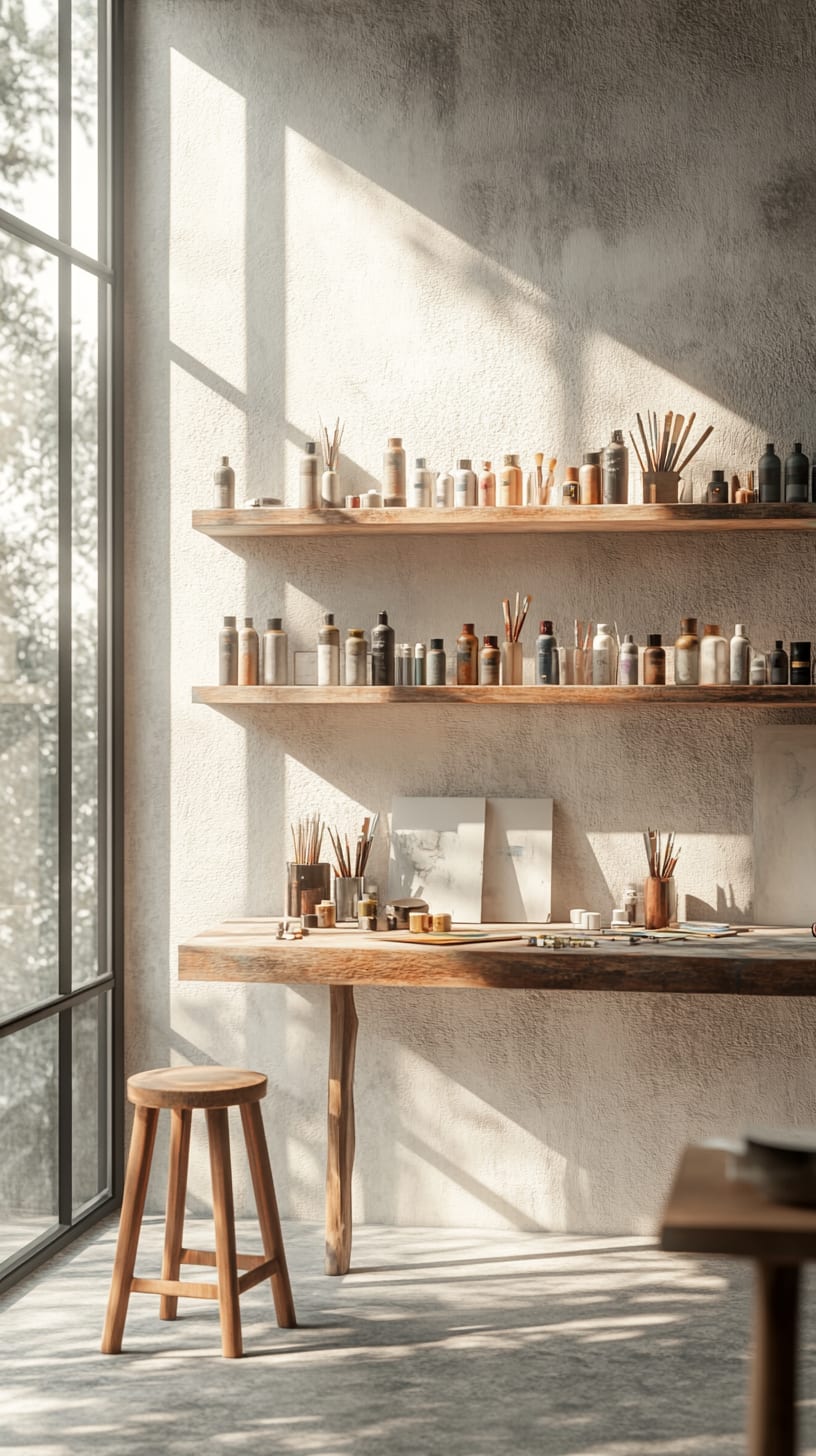 A minimalist art studio with wooden shelves filled with paint pots and brushes, large windows allowing soft sunlight to stream in, and a warm earth-toned interior design.