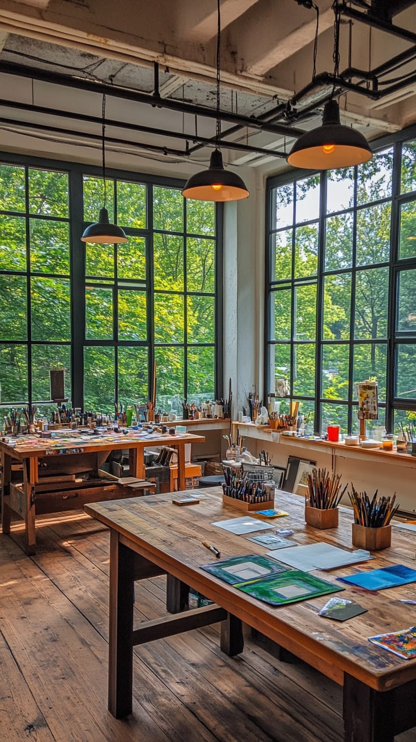 A spacious art studio with wooden tables covered in art supplies, large windows showcasing greenery outside, and natural light streaming in.
