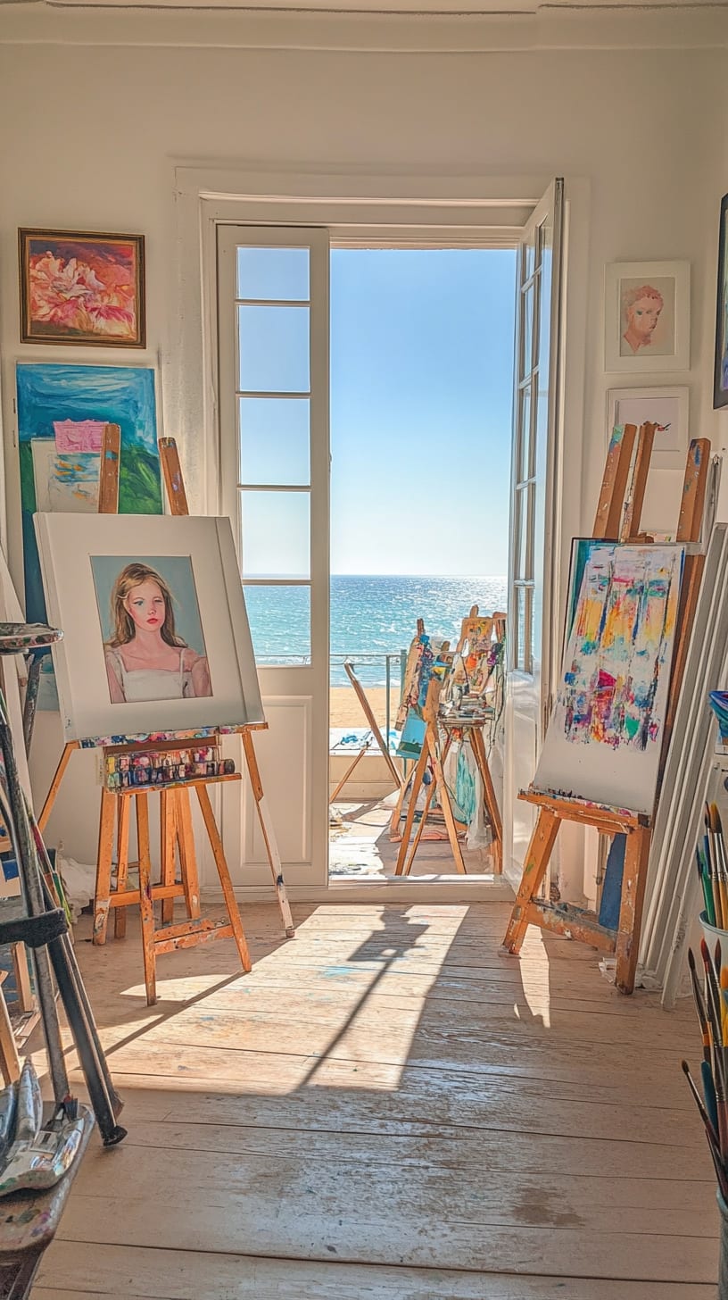 A bright and inspiring art studio with easels and canvases, featuring a young girl painting while overlooking the ocean, with large windows allowing natural light and coastal views.