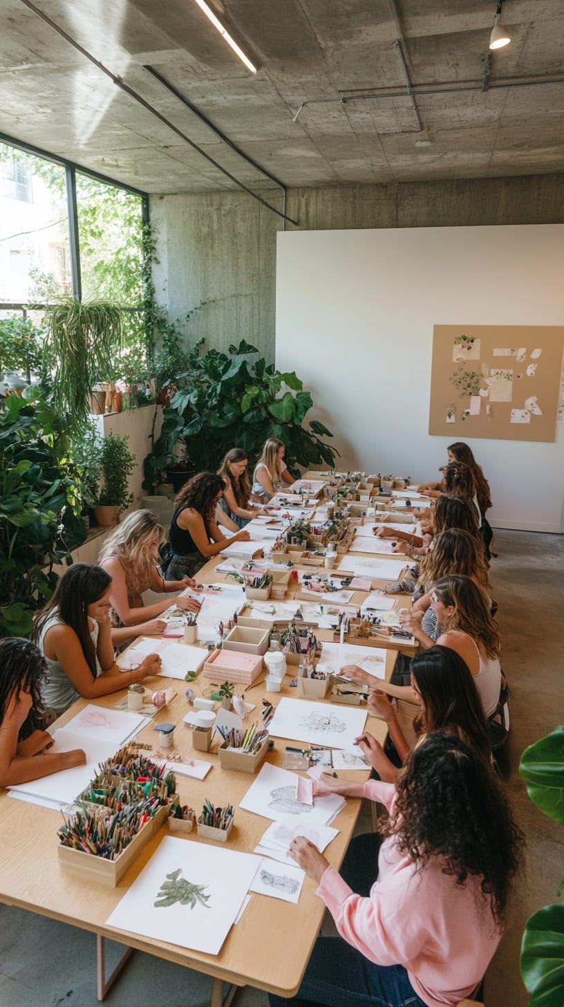 A spacious room with women engaged in drawing on white paper, surrounded by plants and art supplies, featuring modern concrete walls and natural light streaming through windows.
