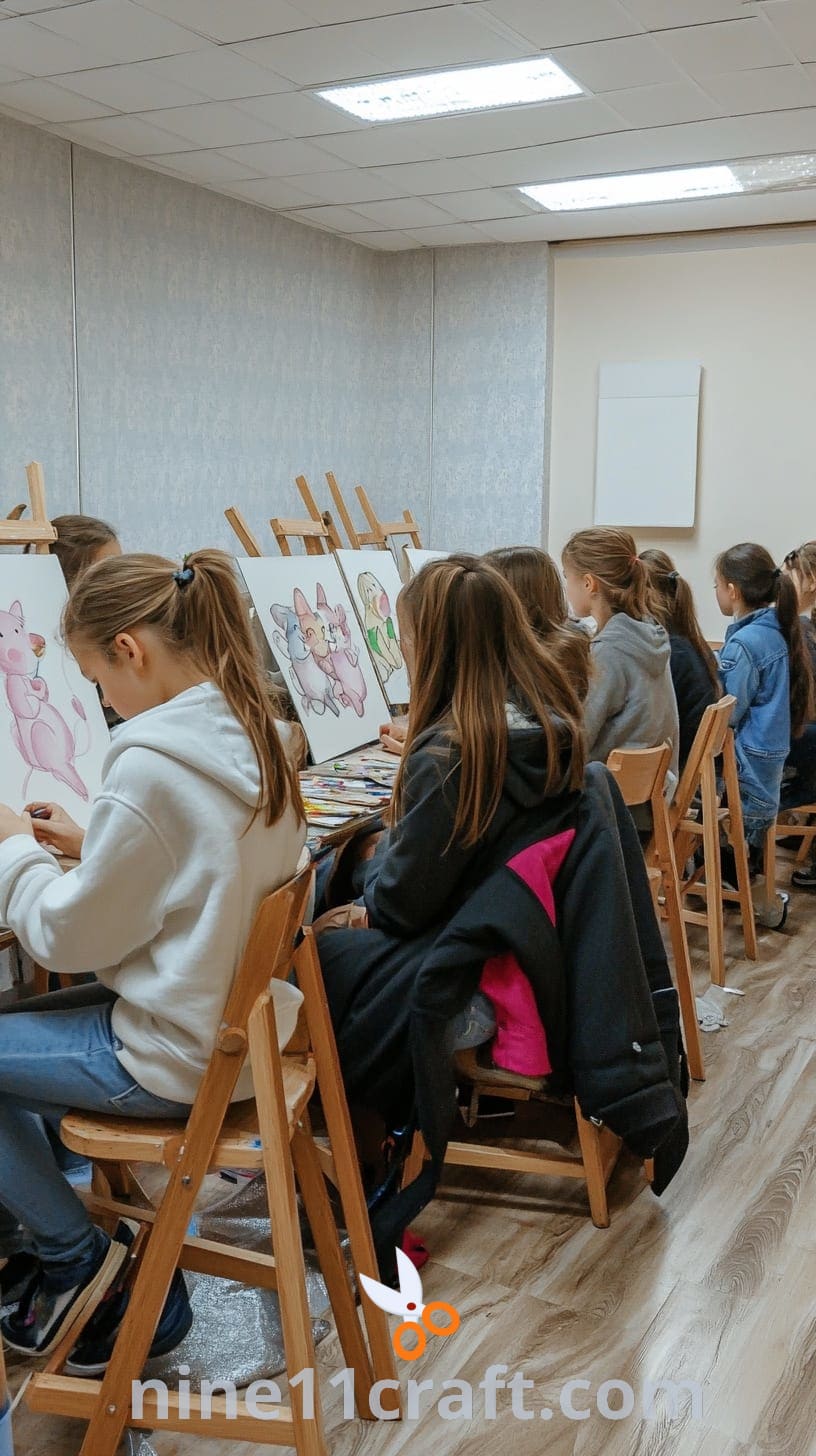 Russian girls sitting at easels in a bright art class, drawing cartoon characters with watercolors and pencils, surrounded by colorful artwork and natural daylight streaming in through large windows.
