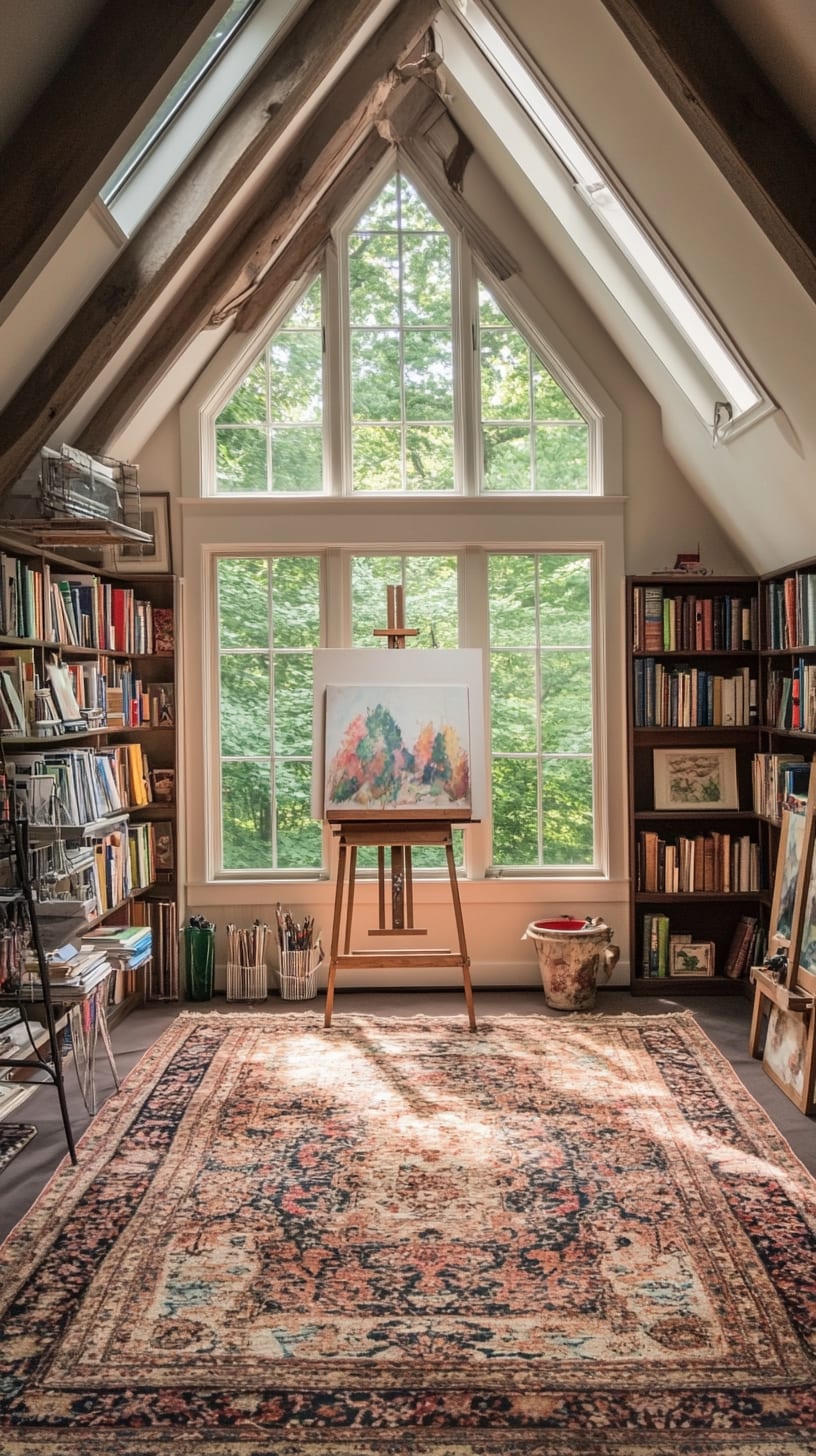 An inviting attic art studio featuring large windows overlooking a forest, an easel with an unfinished painting, vintage rug, and bookshelves filled with art books.