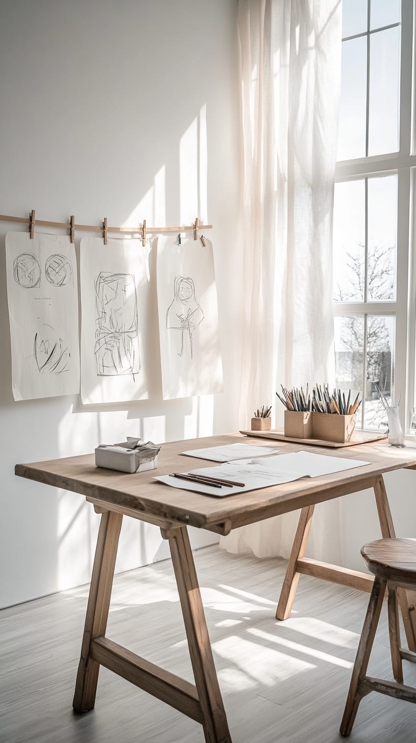 A serene art studio featuring a light wooden desk, drawings on the wall, and sunlight streaming through large windows, creating an inviting atmosphere for creativity.