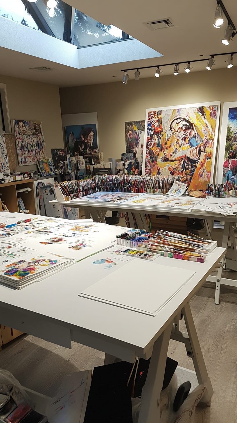 A spacious art studio with white tables covered in art supplies, colorful sketchpads, and vibrant artworks of cartoon characters on the walls, illuminated by natural light from skylights.