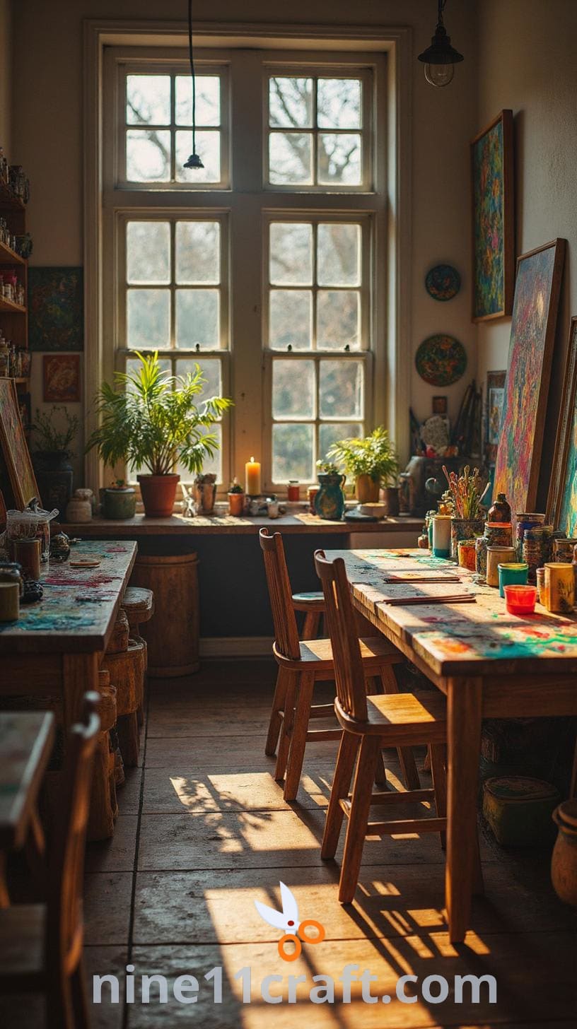 An art studio with stacked tables and chairs, large windows letting in natural light, and various art supplies organized on shelves and tables.