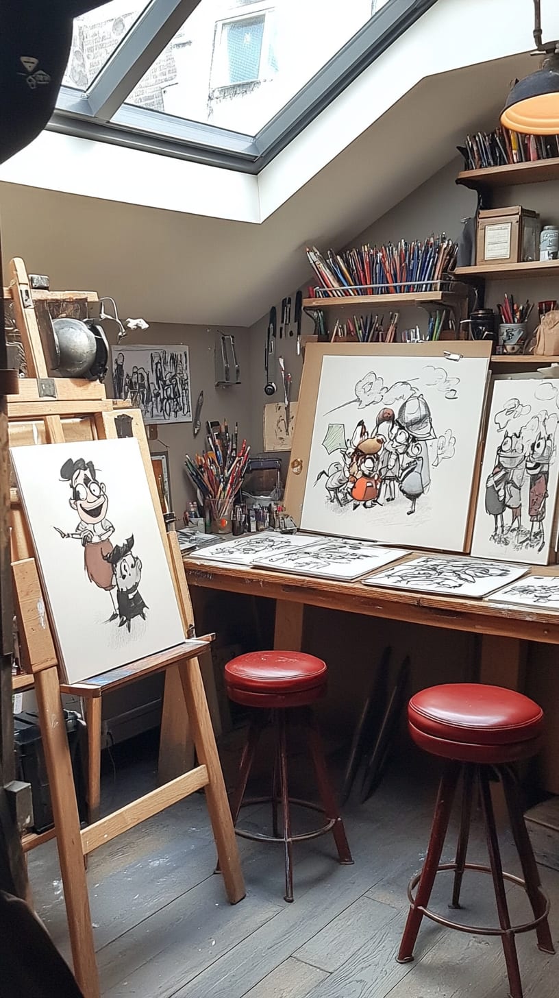 A charming drawing studio in Paris featuring cartoon sketches of Disney characters, red barstools, and art supplies, illuminated by natural light from skylights.