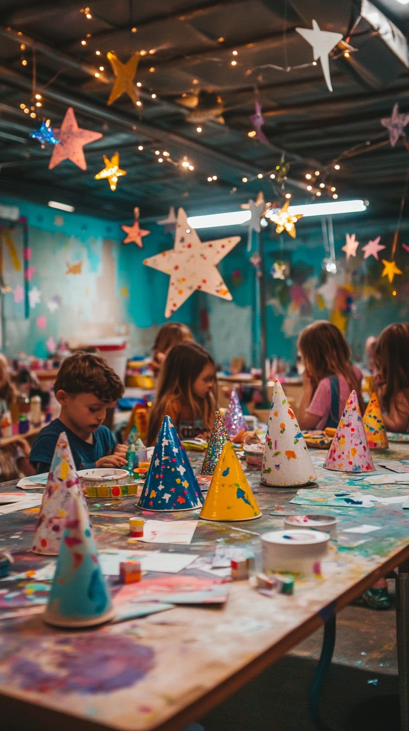 Children engaged in painting party hats at an art studio, surrounded by colorful paper and fairy lights, creating a festive atmosphere filled with creativity and fun.