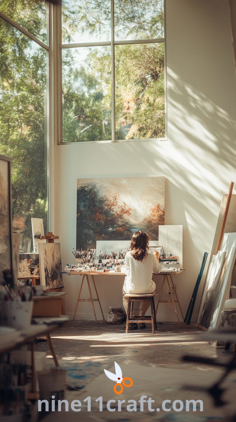 An artist painting in a sunlit studio with large windows overlooking nature, surrounded by art supplies and pastel colors, creating a serene and inspiring atmosphere.