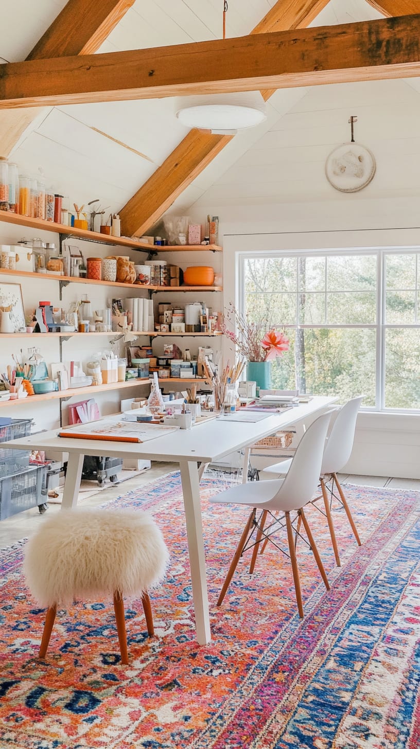 A bright, inviting craft room featuring a large white table, colorful rug, and shelves filled with art supplies, all illuminated by natural light and adorned with wooden beams on the ceiling.
