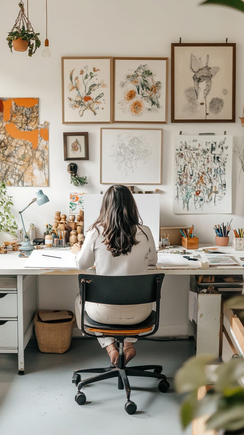A woman working intently at her desk in a minimalist home office filled with natural light, vintage art, plants, and sketches of nature.