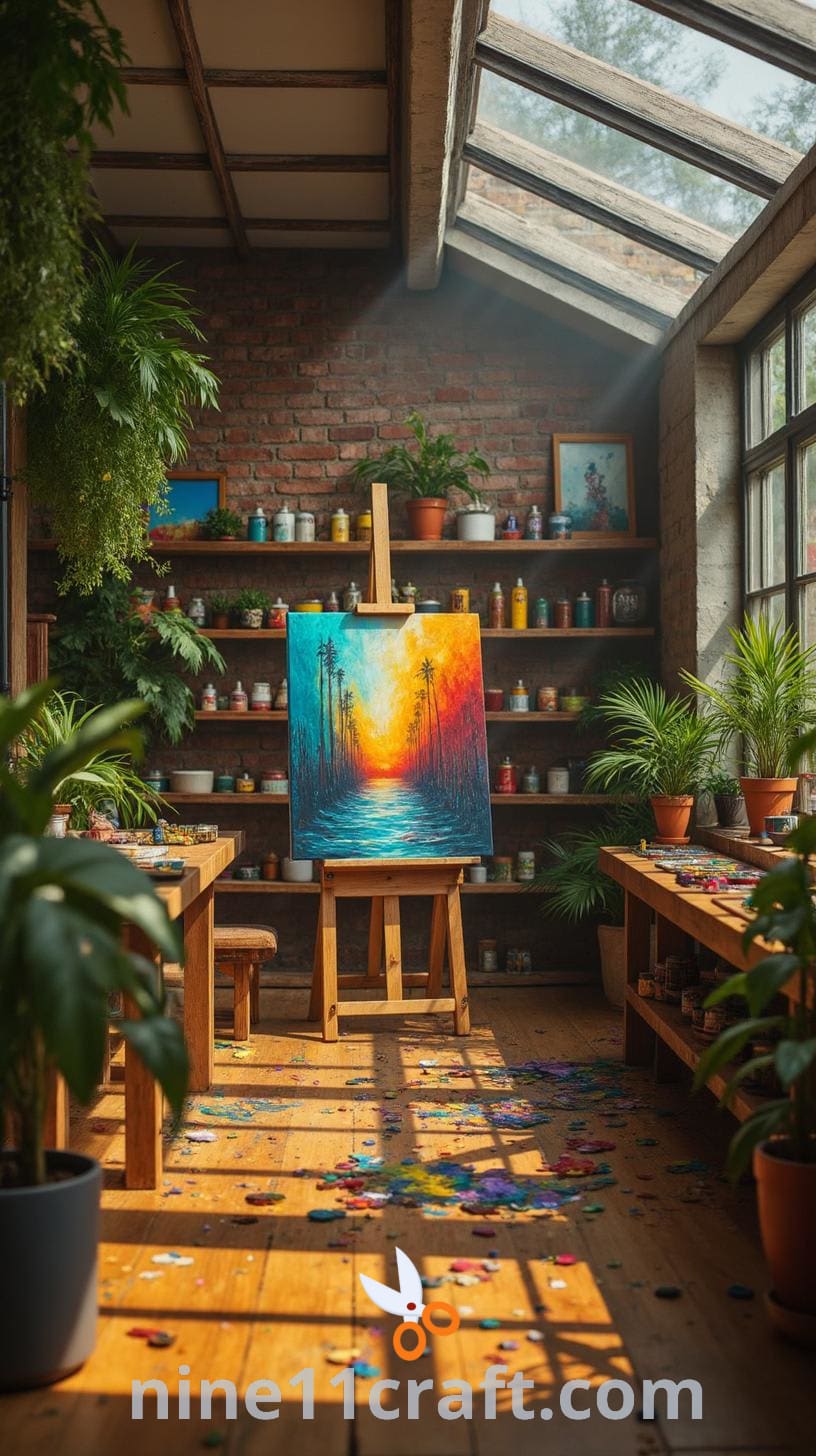 A bright art studio with natural light from skylights, filled with plants, organized art supplies, and an easel in the center, reflecting a lively and creative environment.
