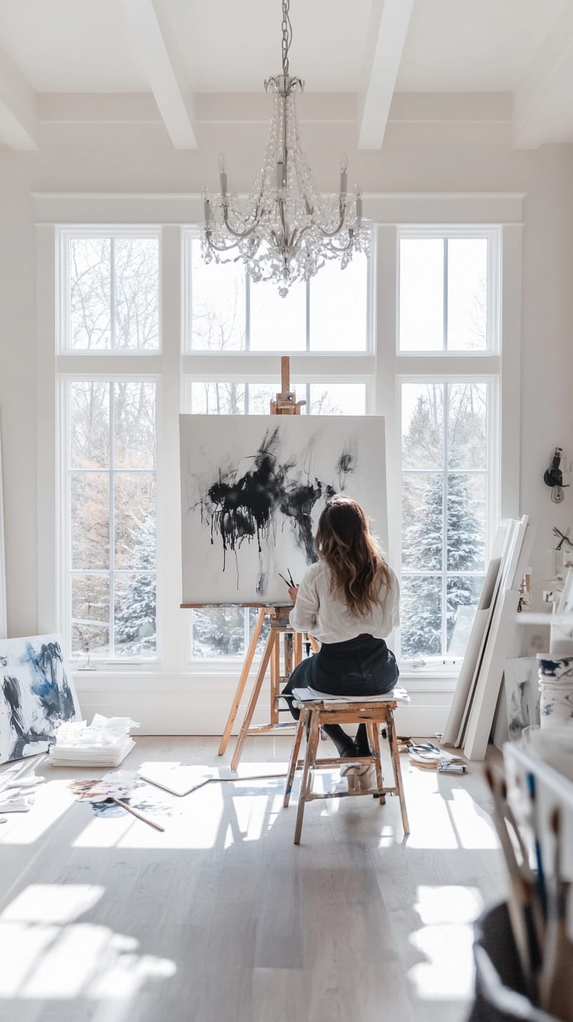 A beautiful female artist painting at an easel in a bright, modern farmhouse living room with large windows showcasing a winter view, surrounded by white walls, dark accents, and a cozy atmosphere.