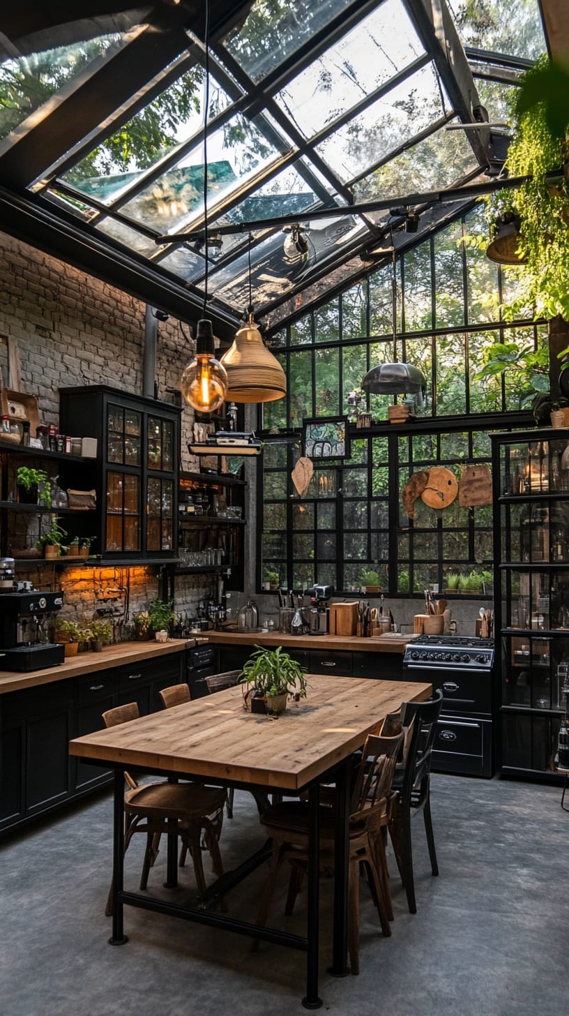 A cozy, luxurious kitchen in an industrial greenhouse with high ceilings and skylights, featuring black wood decor, hanging plants, and a warm inviting atmosphere.