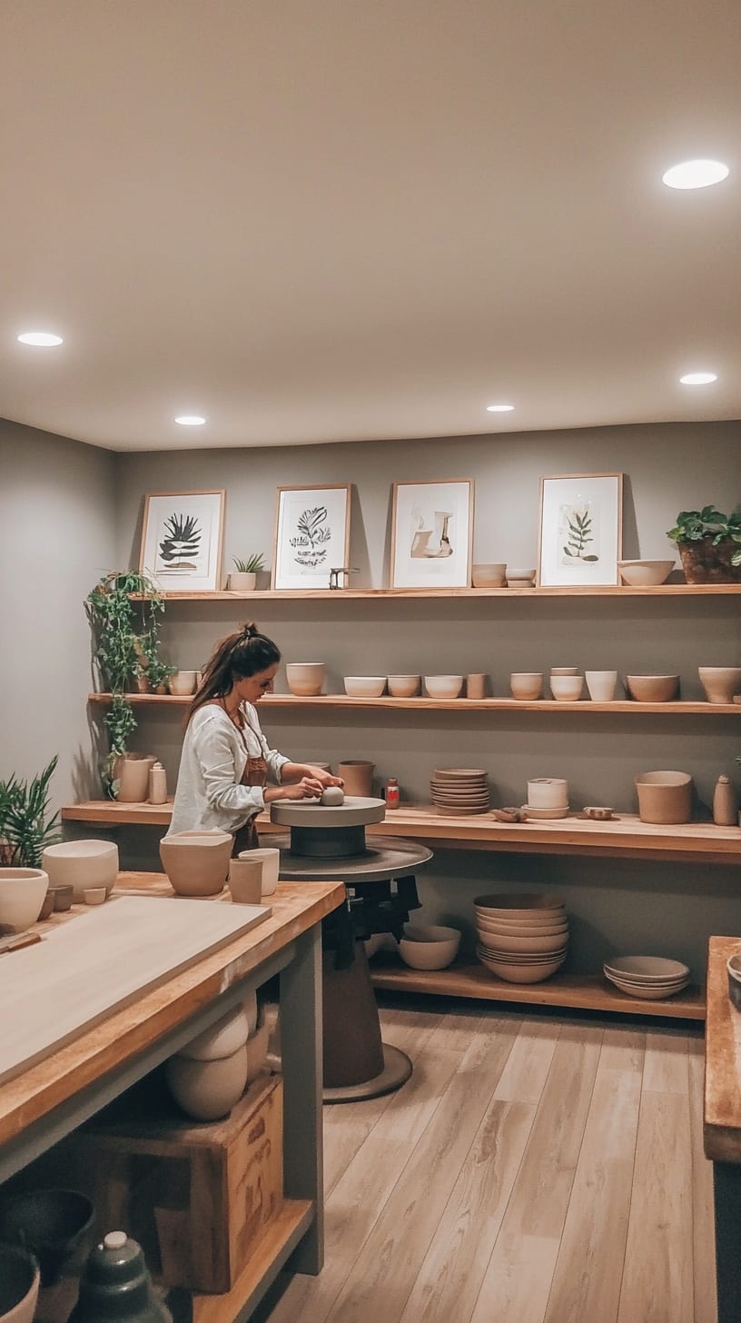 An artist focused on their pottery wheel in a cozy studio filled with handmade ceramics, wooden furniture, and warm lighting, embodying a minimalist aesthetic.