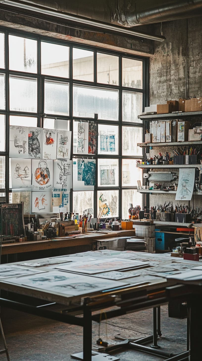 An industrial art studio with large windows filled with sketches and various drawing materials, creating a lively atmosphere for artistic expression.