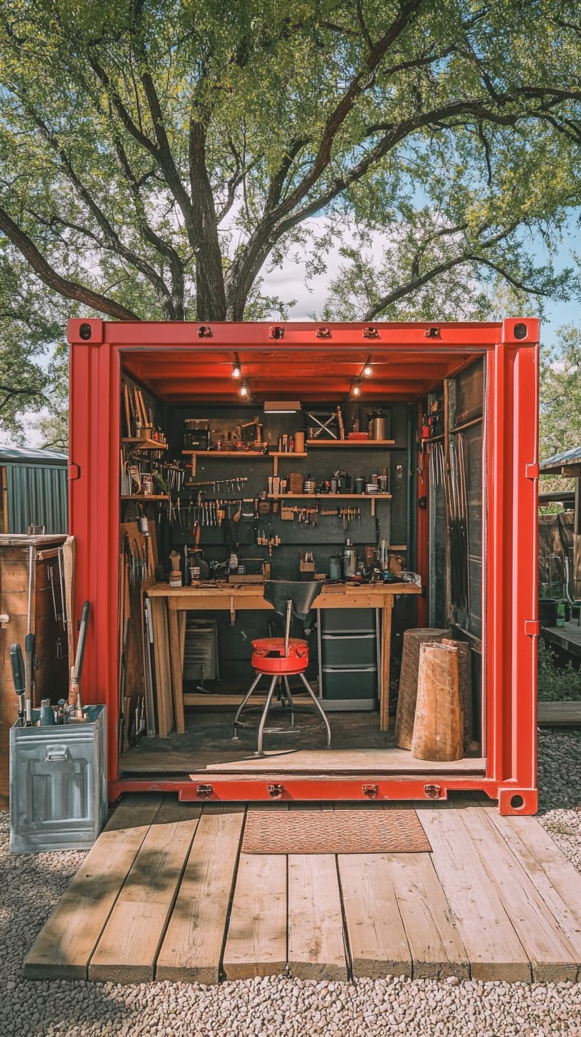 A red shipping container transformed into a cozy outdoor workshop filled with tools and materials, surrounded by trees in a backyard setting.