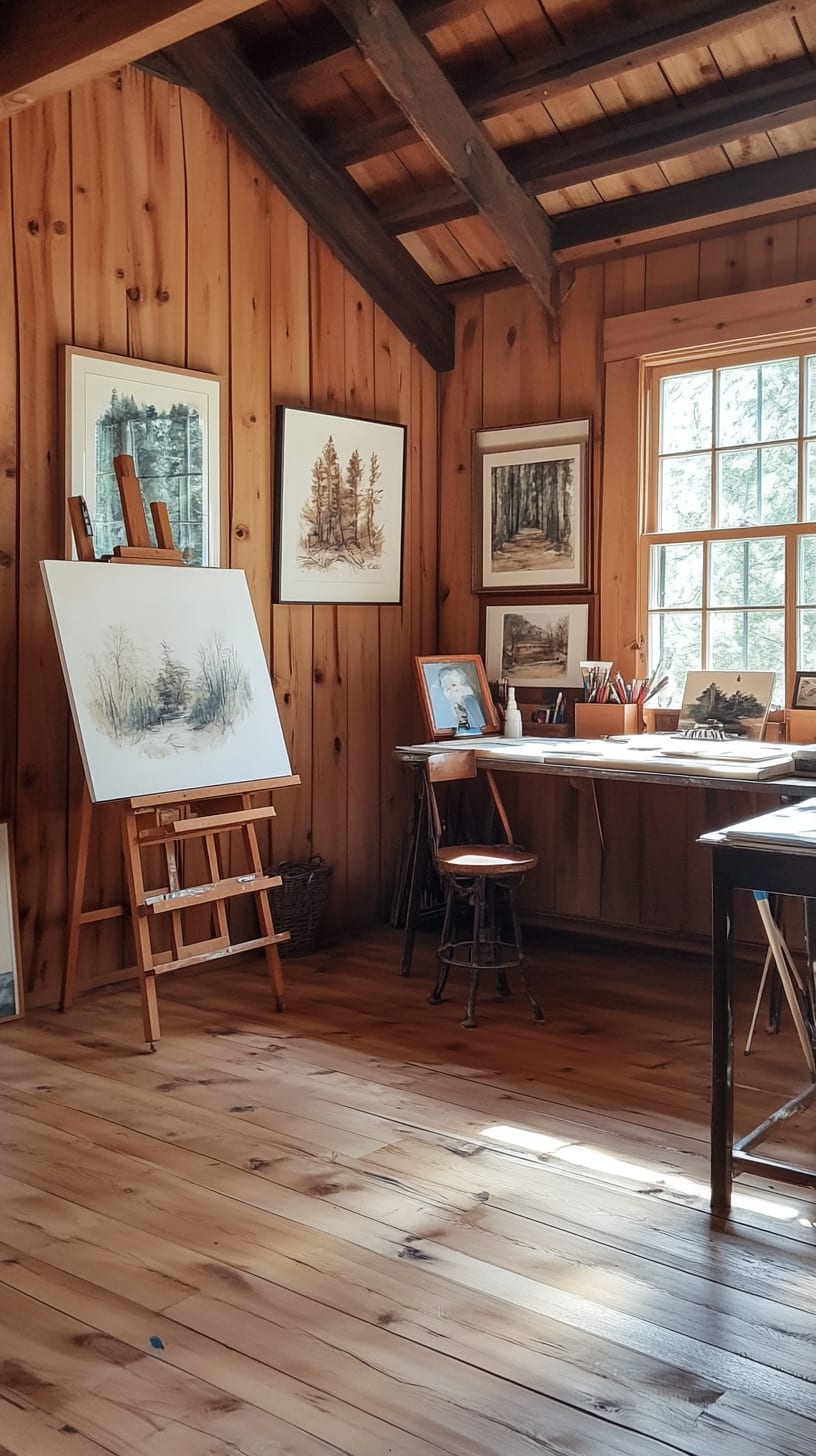 A cozy art studio in a rustic cabin with wooden walls, large windows, easels, and nature-inspired paintings, creating an inviting atmosphere for creativity.