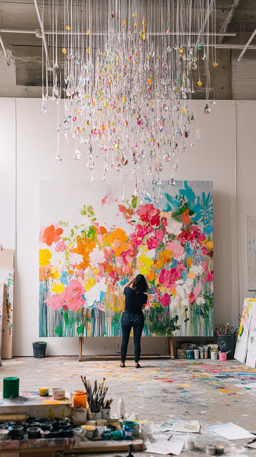 A woman artist painting a large floral canvas in a bright art studio, with brushes and palettes scattered around and a crystal chandelier above.