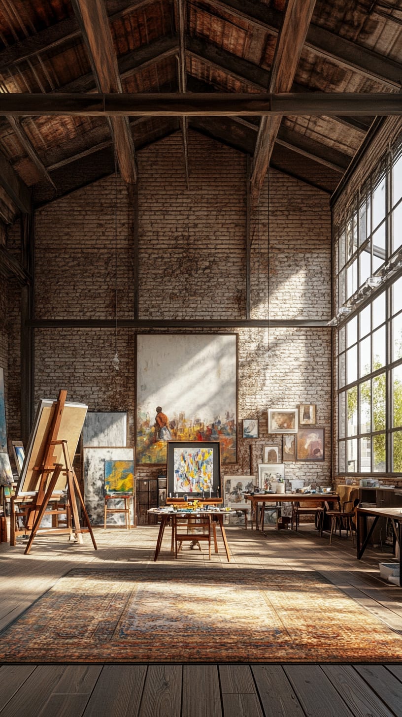 A spacious art studio with high ceilings, wooden beams, and brick walls, filled with sunlight and artistic supplies, creating an inviting atmosphere for creativity.