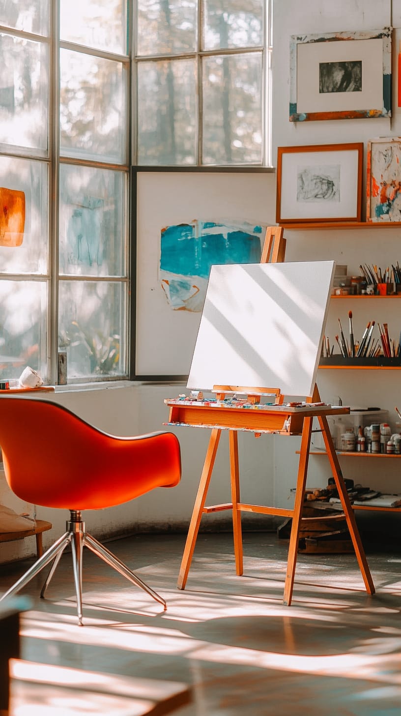 A bright and modern art studio with large windows, a red chair, and an easel featuring a white canvas, surrounded by colorful artwork and supplies.