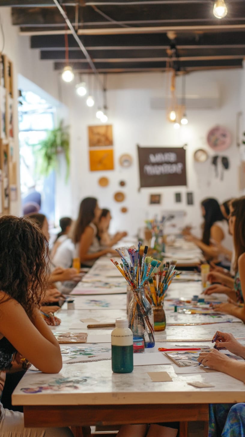 A lively art studio filled with women painting at long tables, surrounded by colorful painting supplies and natural light.
