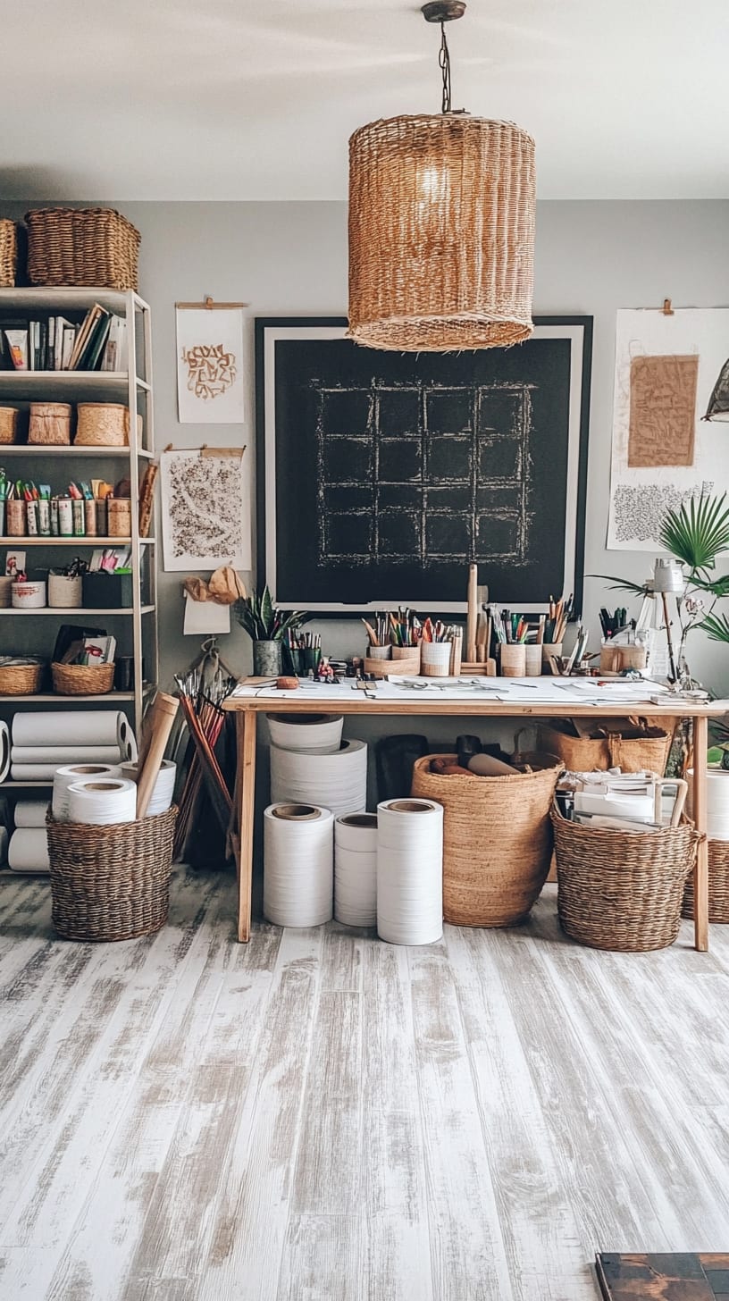 A bright and airy art studio with white oak floors, wicker baskets, a large chalkboard, and artistic supplies creating a boho-style atmosphere.