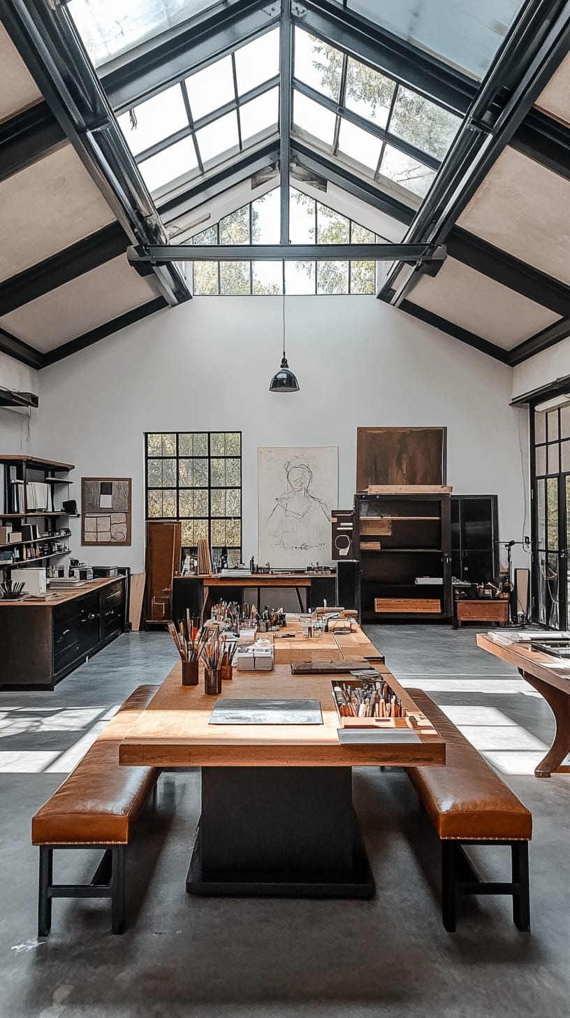 A spacious and inviting art studio with high ceilings, skylights, black steel beams, and wooden tables filled with art supplies, illuminated by natural light.