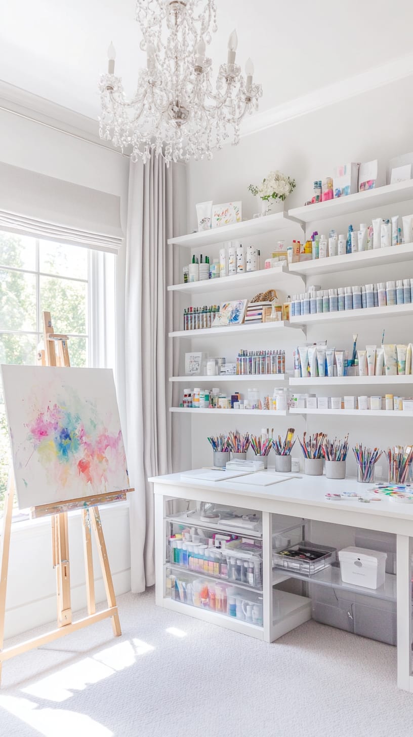 A bright and airy craft room featuring white shelves filled with colorful art supplies, a large chandelier, natural light streaming through windows, and soft pastel decor.