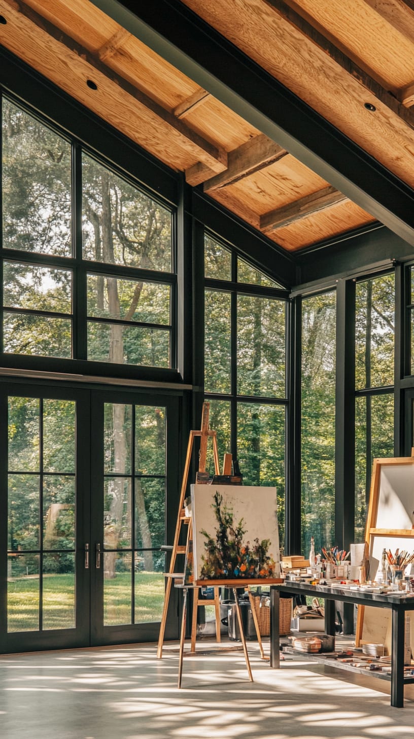 A modern art studio featuring large windows, an easel, and a view of a green lawn outside, complemented by rustic wooden beams on the ceiling.