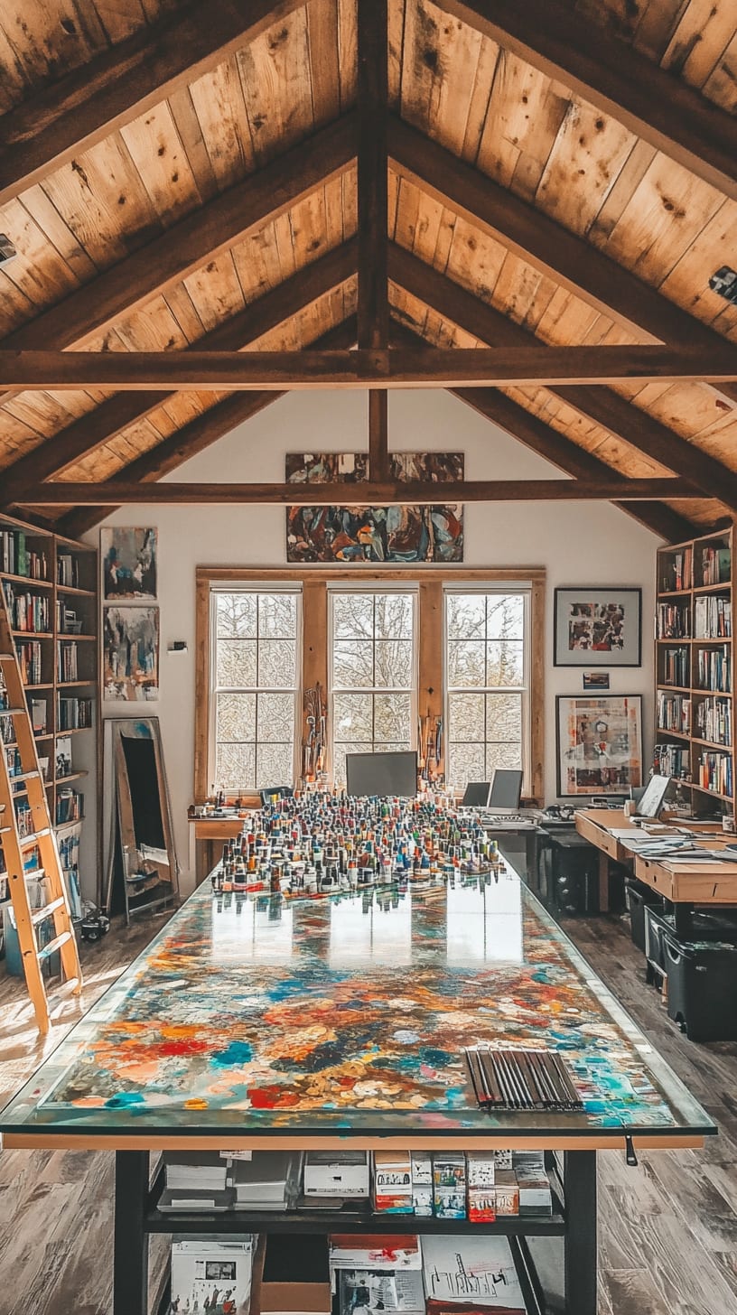 A bright art studio with high ceilings, wooden beams, a glass table covered in painting supplies, and large windows letting in natural light.