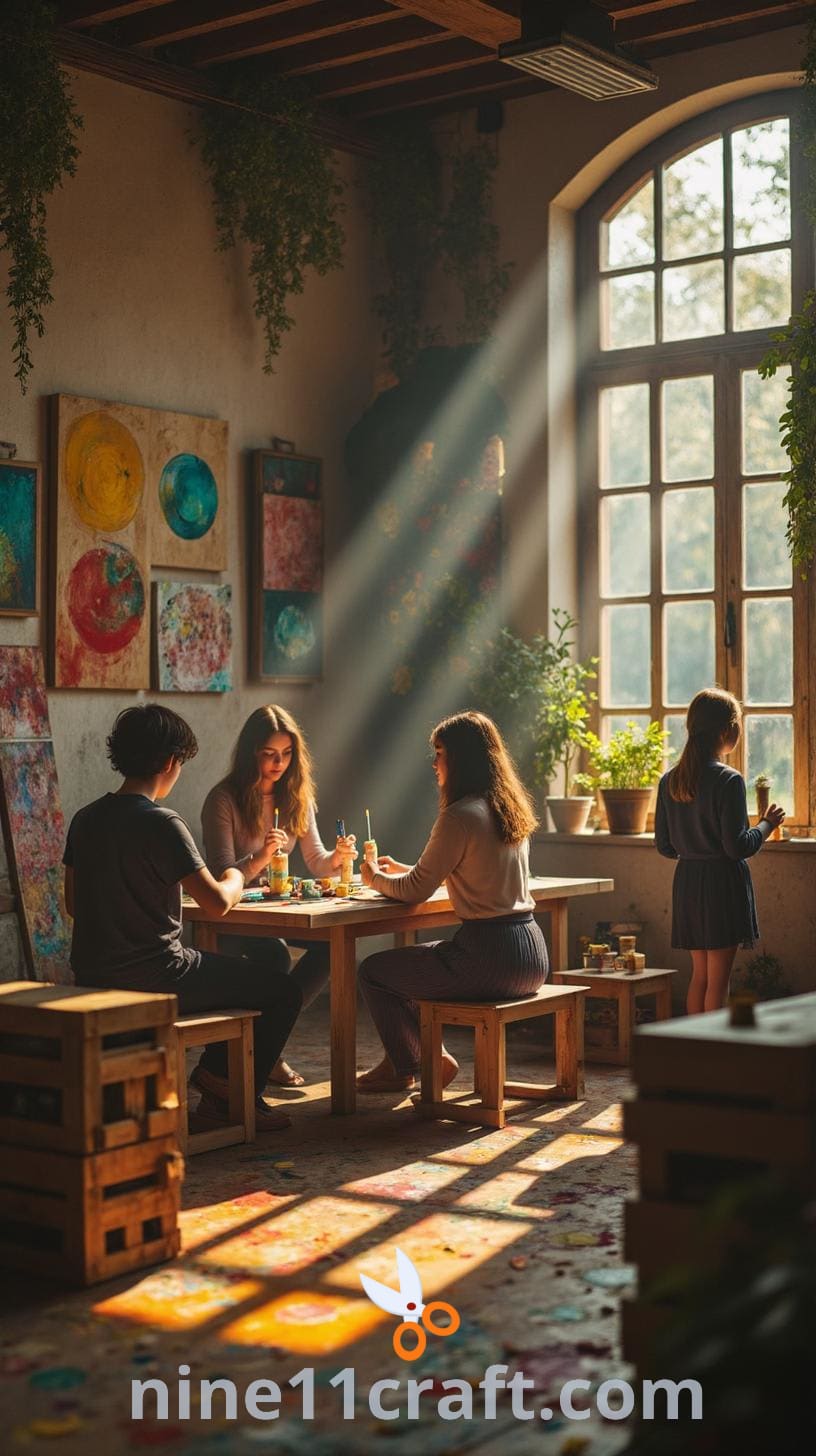 A vibrant craft space filled with people engaging in various art projects, showcasing colorful decorations and an array of art supplies in a bright, lively atmosphere.