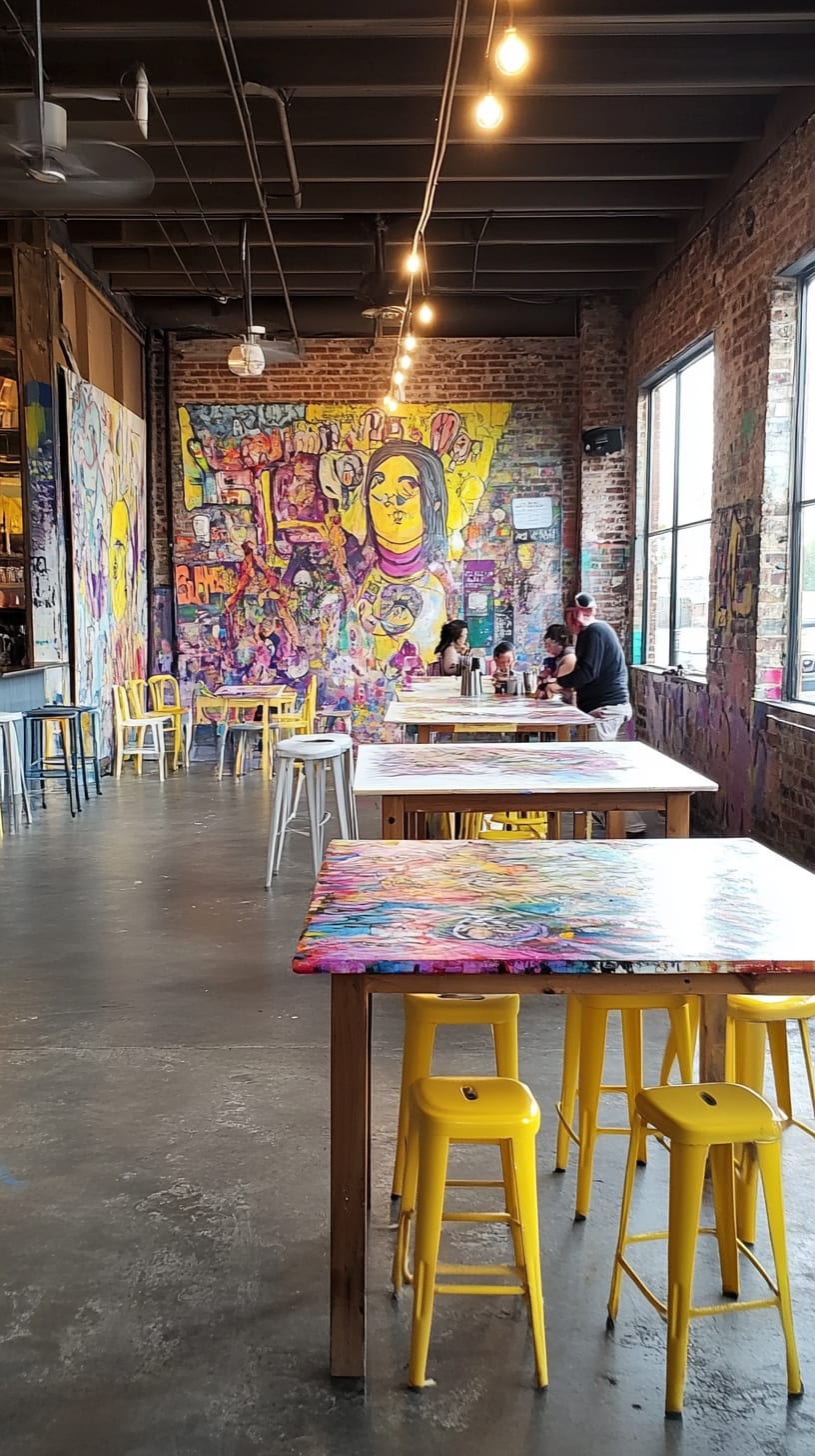 An urban graffiti art studio café featuring colorful murals, yellow bar stools, and vibrant tables, filled with natural light and a lively atmosphere.