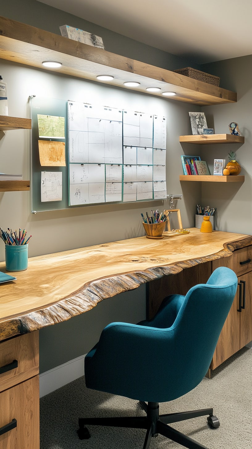 A cozy home office featuring an extra-long live-edge wood desk, a blue chair, floating shelves, and warm lighting, creating an inviting and productive workspace.