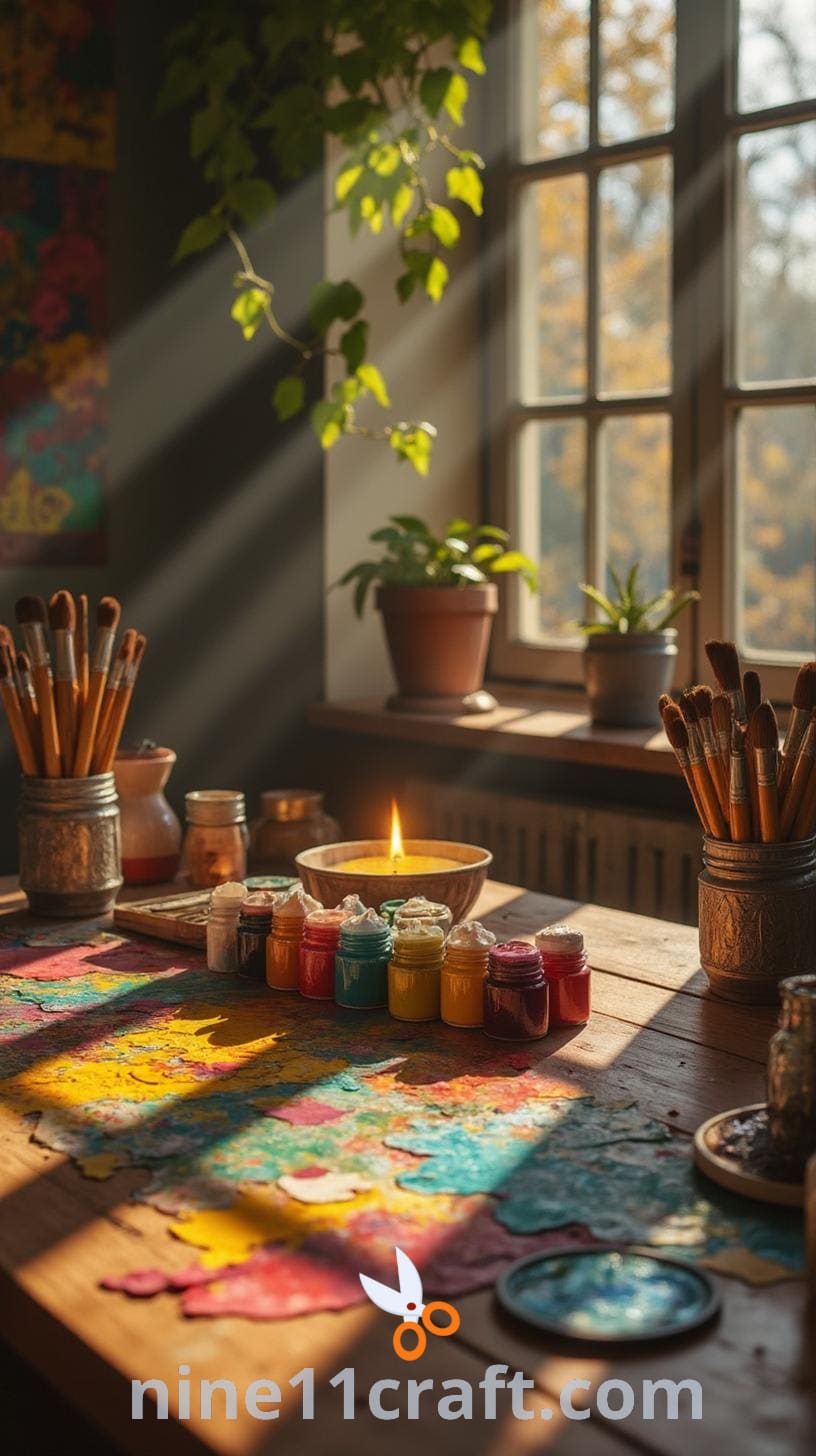 A colorful artistic workspace featuring various art supplies, containers of paint, and decorated walls, illuminated by sunlight streaming through the windows.