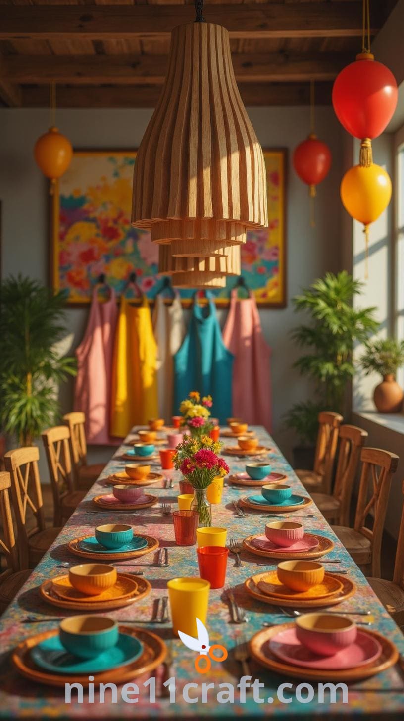 A vibrant interior set up for a party, featuring a large table with colorful tableware, a chandelier made of wooden pieces, bright balloons, and an abstract painting, all suggesting a festive atmosphere.