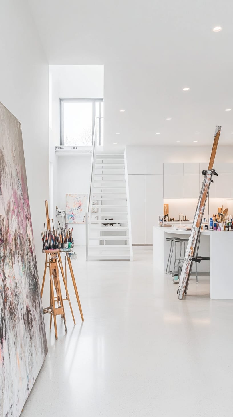 A bright modern art studio featuring a white staircase, easels with paintings, an open kitchen, and large windows bringing in natural light.