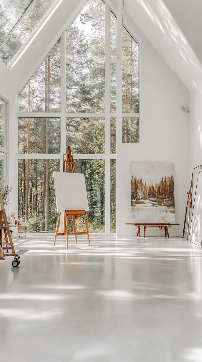 A bright white art studio with large windows showcasing a forest view, easels with wet oil paints, and a minimalistic design.