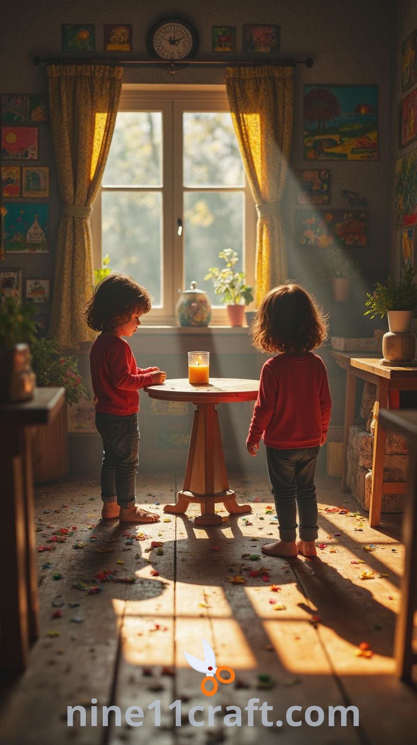 A vibrant art studio filled with children’s artwork on the walls and floor, with two children exploring a table in a messy, creative environment.