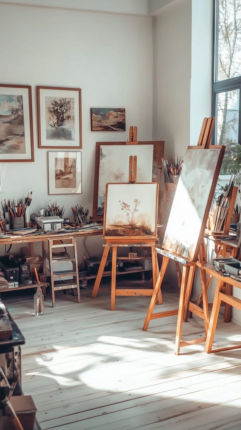 A bright art studio with wooden easels, scattered paintbrushes, and vibrant paintings, illuminated by sunlight streaming through large windows.