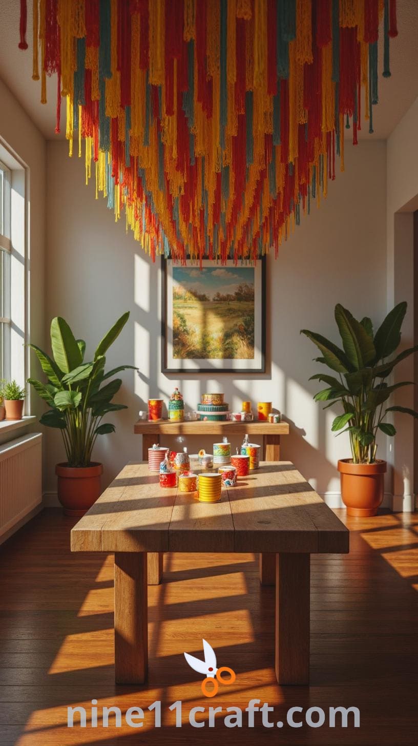 A bright and colorful gathering space with a large table filled with party supplies, vibrant decorations, and an interesting hanging installation, set against white walls and dark wood flooring.