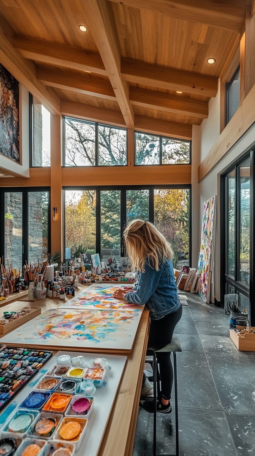 A bright and spacious modern art studio with large windows, high ceilings, and an artist painting on a large canvas surrounded by art supplies and colorful artworks.