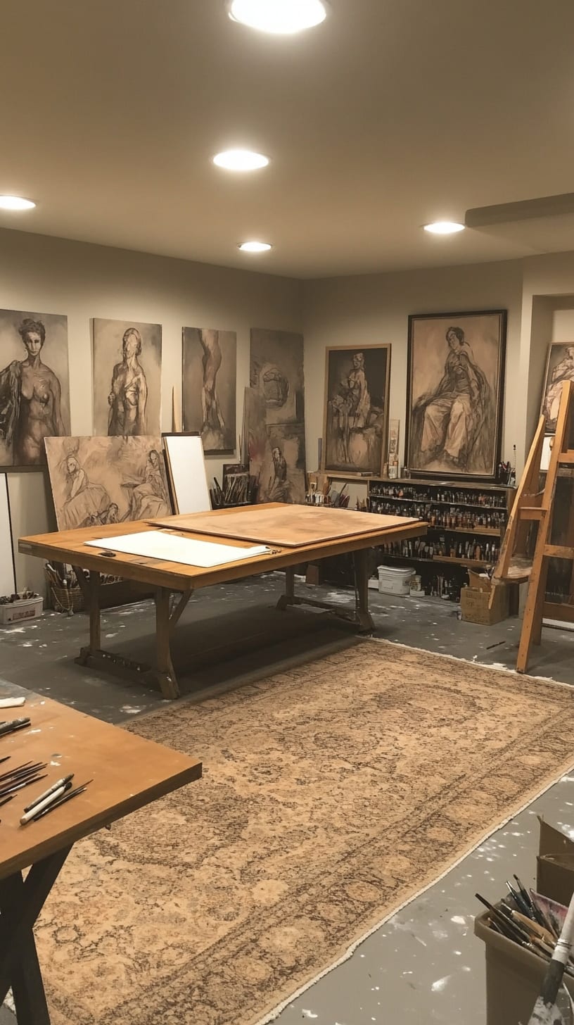 A large art studio with drawing tables, sketches of classical figures on the walls, a wooden desk with painting supplies, and a warm, inviting atmosphere filled with natural light.